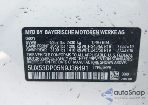 2022 BMW X3 xDrive30I z USA, uszkodzony, nr VIN 5UX53DP05N9J36491